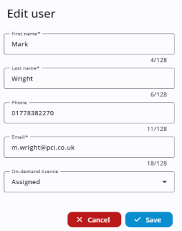 Edit user dialog displaying fields for first name, last name, phone number and email address. The On-demand licence is set to 'Assigned'. Cancel and Save buttons are shown at the bottom.